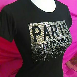 Womens PARIS Black T-shirt Crystal Embellished